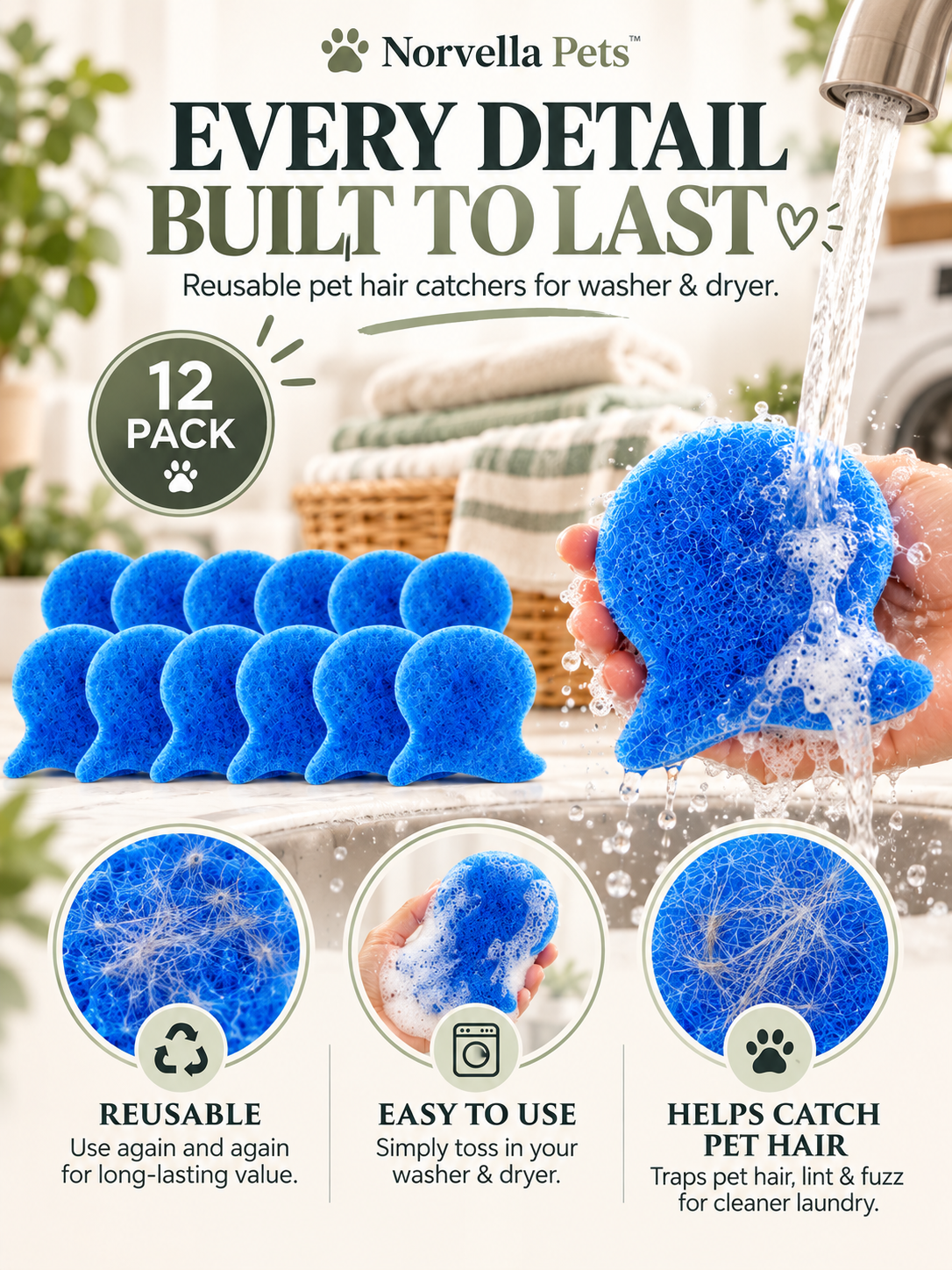 Norvella FurFree Laundry – Reusable Pet Hair Catchers (12-Pack)